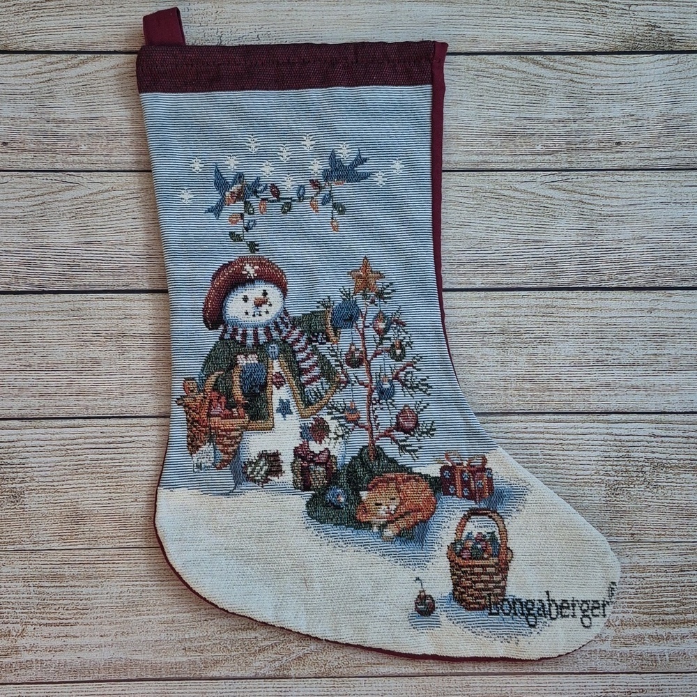 Longabeger Tapestry Christmas Stocking Lady Snowman Cat Christmas Tree Lights